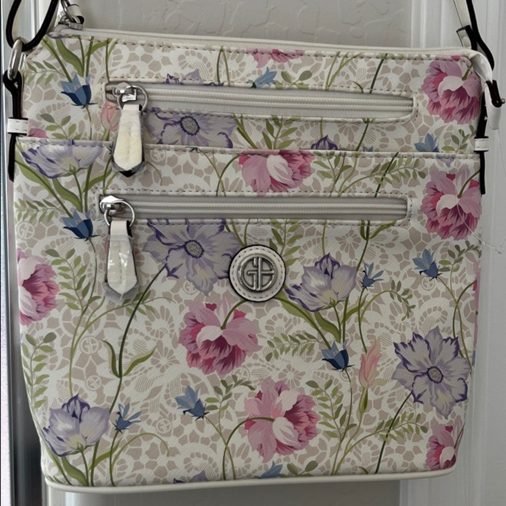 Giani Bernini White Floral Crossbody with Pink & Purple Blooms - Picture 1 of 15